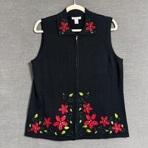Mercer Street Sweater Vest L Black‎ Red Holiday Christmas Poinsettia Full Zip